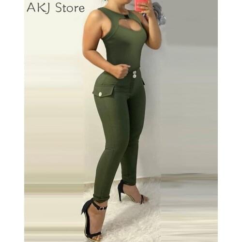 Cutout Front Tank Top & Button Deocr Pants Set