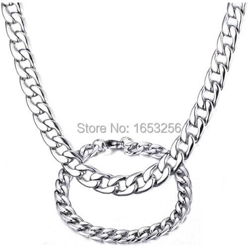 6mm / 8mm wide choose Stainless steel NK Curb Link Chain Necklace and Bracelet Women Men POP Jewelry Set Sport Holiday Gift