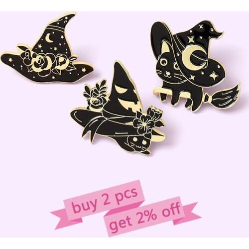 Cats Enamel Pin Custom Black Gothic Badge Witchcraft Jewelry Gift Friends Witch Cat Enamel Pin Cartoon Badges Clothing DIY