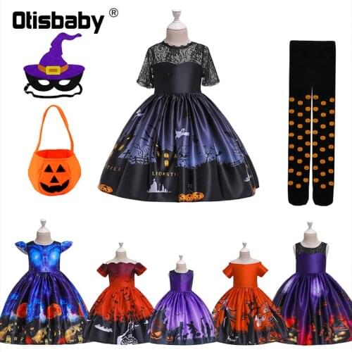 2 - 10 Years Halloween Girls Disguise Backless Dresses Pumpkin Bag + Mask + Leggings Childrens Masquerade Stage Ghost Costume