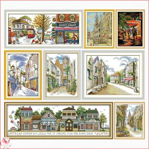 Joy Sunday Street View Cross stitch Kit DIY Scenery Pattern Embroidery 14CT 11CT Needlework Canvas Sewing Set Handmade Gifts