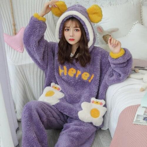 Winter 2 Pieces Women Pajamas Sets Flannel Warm Sleepwear Long-sleeved Cute Pyjamas Thicken Hoodies Homewear Female Home Clothes