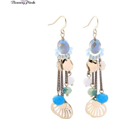 Banny Pink Handmade Glass Beads Tassel Earrings For Women Bohemia Copper Flower Geometric Charms Drop Earrings Fringe Earrings