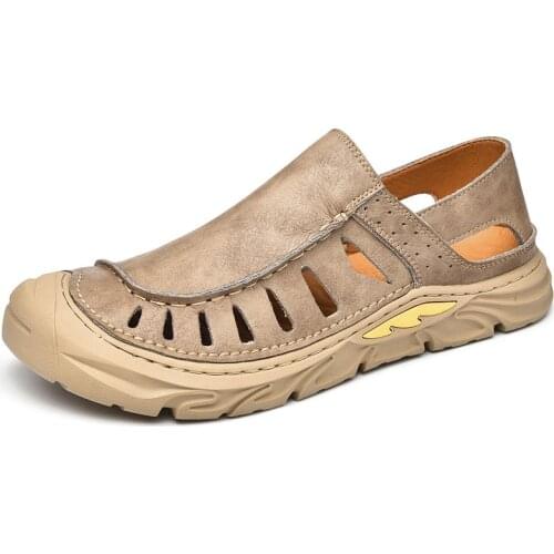 2021 New Summer Men Leather Sandals Outdoor Comfortable Roman Sandals Fashion Breathable Handmade Flat Beach Sandals Big Size