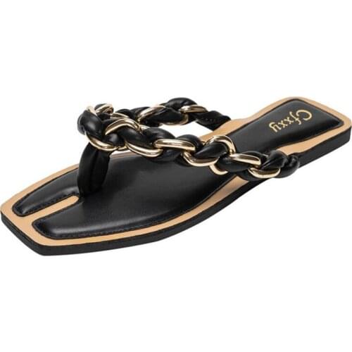 2021 Summer Fashion metal Chain Splicing Womens flip flop Woman Square head clip feet flat sand beach sandals size 37-42