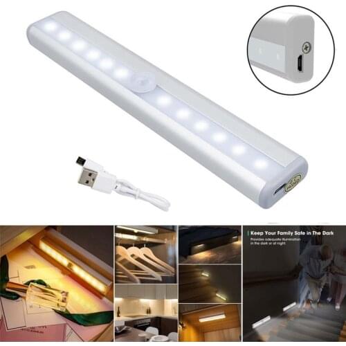 USB Rechargeable 10 LED Lights PIR Motion Sensor Lamp Cabinet Light Under Counter Closet Lighting Magnetic Stick-on Night Light