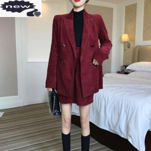 Spring Womens Wine Red Corduroy Blazer Fashion Office Lady Skirt Two Piece Double Breasted Suit Jacket Loose Pants Set