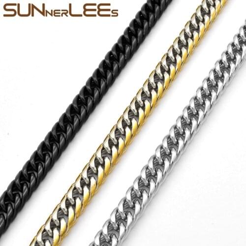 SUNNERLEES Jewelry Stainless Steel Necklace 7mm Double Curb Link Chain Silver Color Gold Plated Men Women Gift SC49