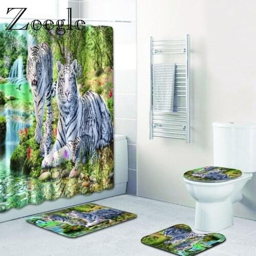 Zeegle Tiger Printed Bathroom Bath Mats With Shower Curtain Non Slip Shower Room Bathroom Carpet Toilet Floor Mat Bathroom Rugs