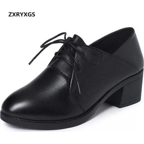 2020 Famous Spring Lace-up Women Black Shoes High Heels Top Cowhide Leather Shoes Women Shoes Fashion Casual Shoes Large Size