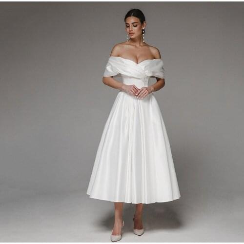 Elegant Satin Wedding Dresses White Ivory Tea Length Simple Formal Party Sweetheart Off Shoulder Lace Up Bridal Gown For Woman