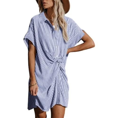 Women Shirts Dress Office Lady Travel Dress Lapel Collar Elegant Polyester Short Sleeve Vertical Striped One-piece Dress