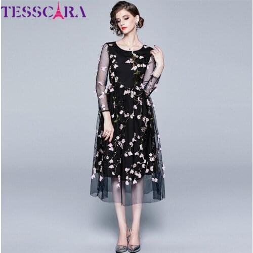 TESSCARA Women Luxury Embroidery Floral Mesh Dress Female High Quality Cocktail Retro Robe Femme Long A-Line Party Vestidos