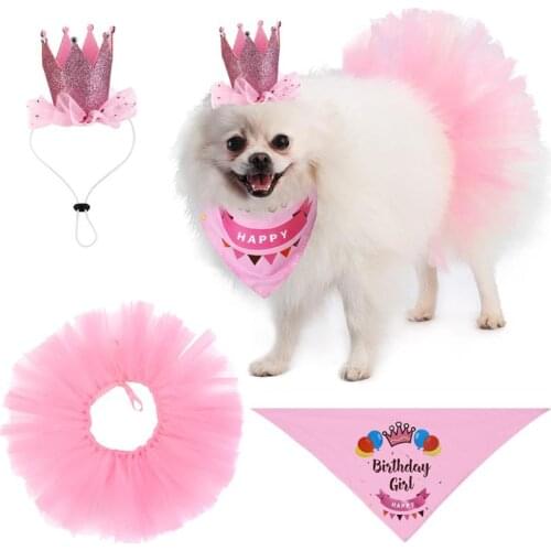 3PCS/Set Pet Tutu Skirt Cute Party Bubble Skirt Pet Costume Skirt with Pet Bib & Crown Dog Accessories for Pet Birthday Party