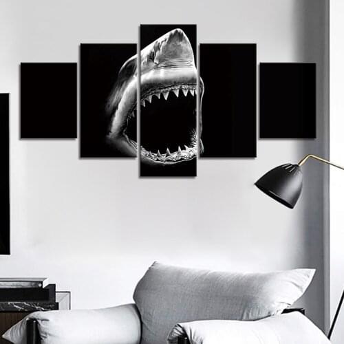 5 Panel Posters And Prints Art Canvas Painting Decorative Black White Shark Modern Home Decor Canvas Painting Framework