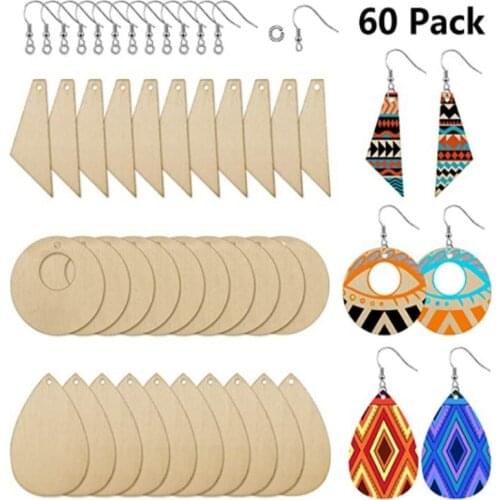 60 Pieces Unfinished Wooden Earrings Pendants Blank Teardrop and Tapered Cutout Pendants Jewelry Making DIY Crafts