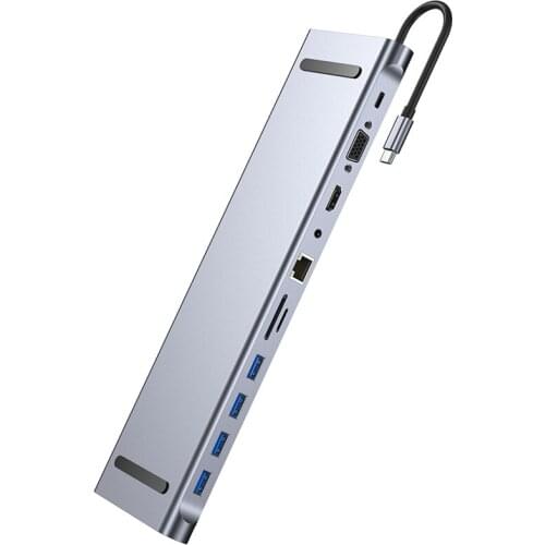 Aluminum C-Type Docking Station for Port 11 in 1 TYPE-C to USB3.0X4 RJ45 (100M) VGA PD AV SD TF Gray