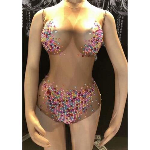 Sparkly Rhinestone Leotard One-Piece Sexy Performance Costume Dj Female Singer Nightclub Dance Stones Skinny Stretch Bodysuit