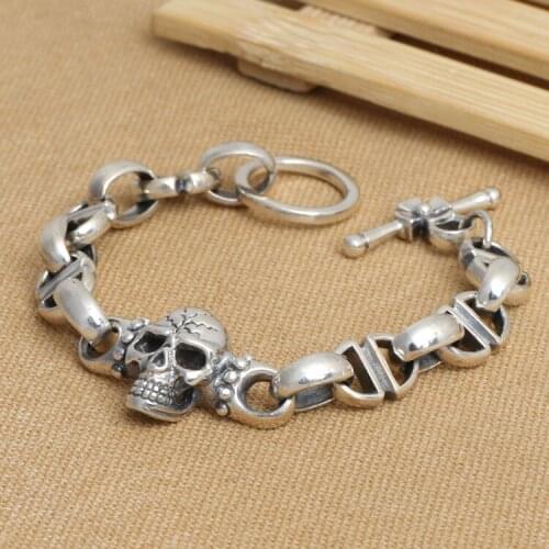 Handmade S925 silver skull bracelet vintage thai silver skull punk bracelet Thailand Sterling Silver Man bracelet jewelry gift