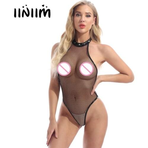 Women Hollow Out Fishnet Bodysuit See-through Mesh High Cut Leotard Halter Sleeveless Backless Catsuit