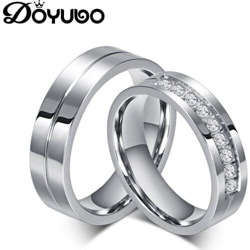 DOYUBO European Design 316L Stainless Steel Fashion Rings For Couples Silver Color Wedding Rings With CZ Punk Accessories DF010