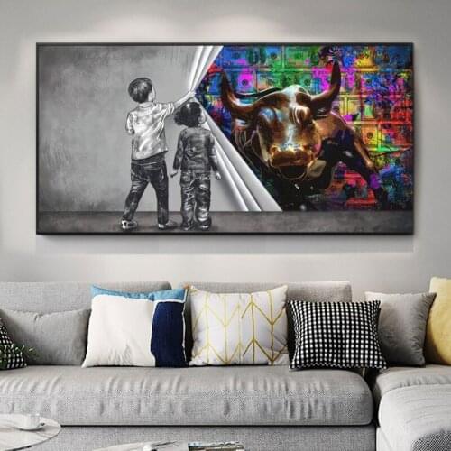 Graffiti Kids Behind the Curtain Canvas Painting Bull Animals Street Wall Art Posters and Prints Decor Picture for Living Room