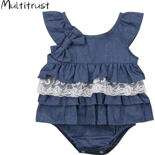 Newborn Infant Baby Girls Denim Bodysuit Sleeveless Bow Knot Ruffles Lace Patchwork Jumpsuit Bodysuit Clothes Outfit