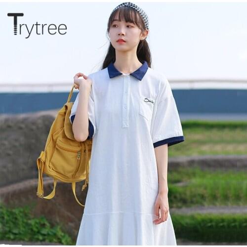 Trytree 2020 Summer Women Casual Dress Turn-down Collar Button Ruffles Dress Japanese Fashion Elegant Loose Mini T-shirt Dress
