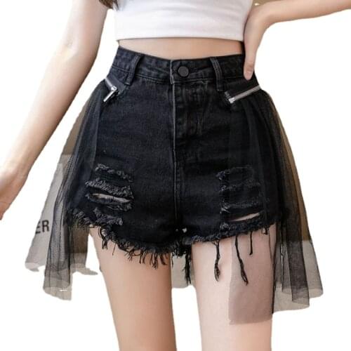 Summer Fashion Black Mini Denim Shorts High Waist Detachable Mesh Gauze Shorts Street Vintage Ripped Sexy Short Jeans Bottoms