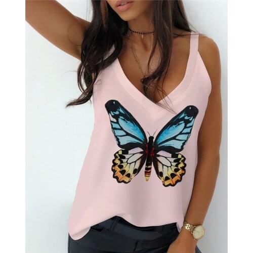 Summer Loose V Neck Tank Tops 2021 Womens Blue Butterfly Printed Vests Ladies Camis Plus Size S-5XL