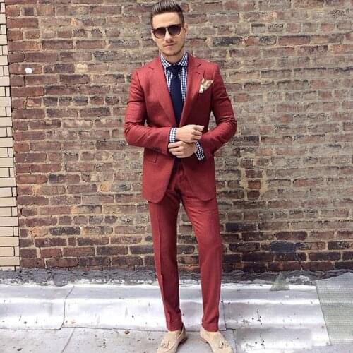 Rust Red Custom Made Mens Suit Two Pieces Wedding Tuxedos Slim Fit Groom Formal Suits(Jacket+Pants)