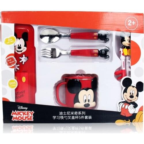 Disney Childrens Cutlery Set Portable Baby Childrens Learning Chopsticks Cup Fork Spoon 5 Piece Set Cartoon Travel Cutlery Set