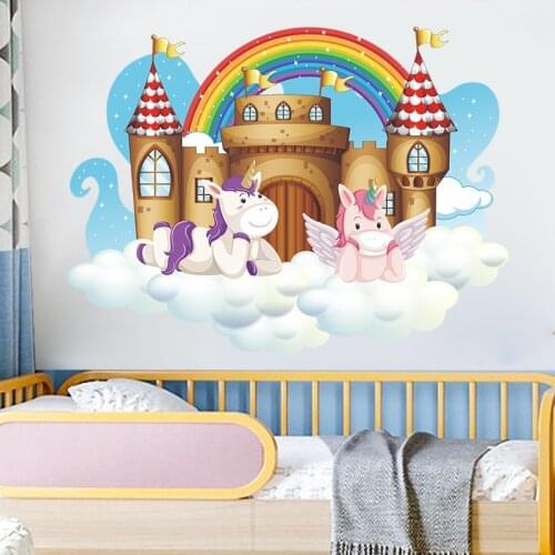 Catoon Unicorn Rainbow Castle Cloud Wall Stickers Mural Nursery Decal Wedding Decoration For Kids Room Art Poster Home pvc Decor