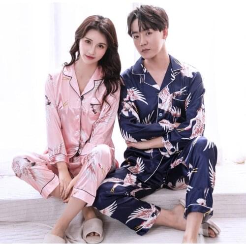 Couple Pajamas Womens Thin Printing Home Imitation Silk Sexy Sleepwear for Men Nightwear Set Sleep Tops Bedroom Set Pijamas