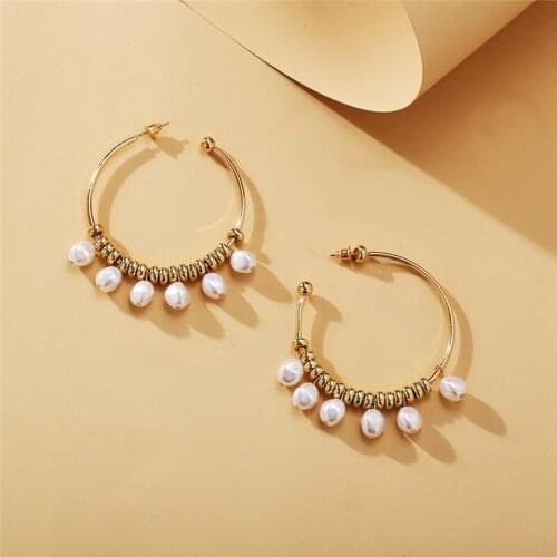 Simple Gold Color Metal Pearl Hoop Earrings Fashion Big Circle Hoops Statement Earrings for Women Wedding Party Jewelry Gift