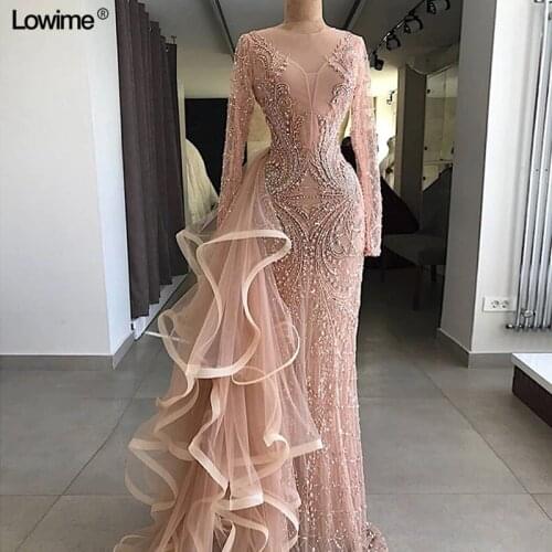 Luxury Handmade Long Mermaid Evening Dresses With Tulle Train Formal Long Sleeve Pearls Beading Evening Prom Party Gowns Custom