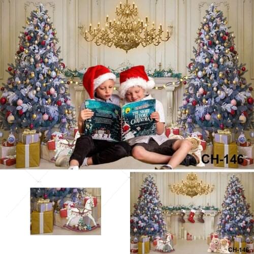 Christmas Backdrops Photography Interior Chandelier Xmas Tree Fireplace Toy Bear Gift Decor Baby Portrait Background PhotoStudio