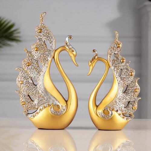 Blue/Gold Swans Home Decoration Bling Bling Wedding Gift 2pcs Couple Resin Ornaments Sculpture adornos para casa T633