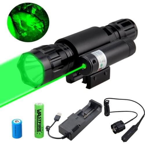 501B Tactical Green/Red/White LED Flashlight With Green Laser Dot Sight Hunting Torch+Gun Mount Rail+Switch+18650+CR2+Charger