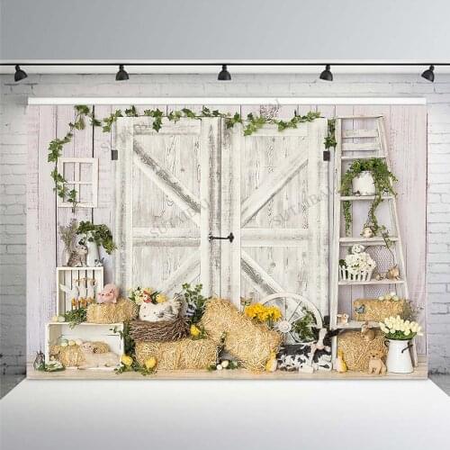 Spring Rabbit Chick Easter Eggs Backdrops Wooden Door Flowers Butterfly Bunny Party Photography Background Photo Studio Props