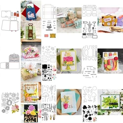 Cutting Dies Clear Stamps Travel Suitcase Tags Drifting Bottle Foldable Gift Box Birthday Cake Petal Leaf Wheat Spike 2021 New
