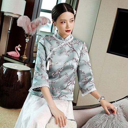 2021 women chinese style floral embroidery qipao shirt mandarin collar tea tee shirt retro qipao tops casual tang suit blouse