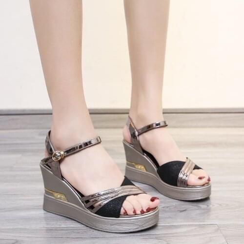Slope Heel Sandals Women Summer New Fashion One Word Buckle Strap Elegant Fairy Style Fish Mouth High Heel Sandals Women