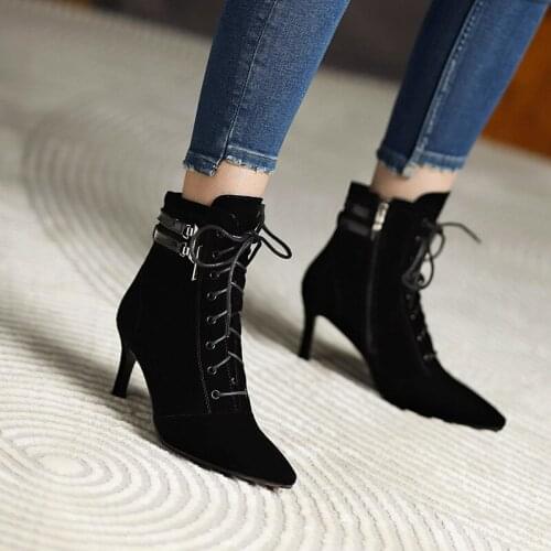 YMECHIC 8cm Heel Flock Ankle Boots Pointed Toe 2021 Winter Autumn Shorty Women Botas Ladies Party Chelsea Shoes Zipper Size 45