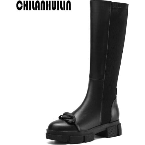 Punk chain autumn winter elastic full leather shoes woman knee high boots high heels black thick platform long riding warm boots