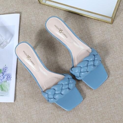 Womens Slippers 2021 Summer New Woven Word with Stiletto Heels Square Toe Open Toe Sandals