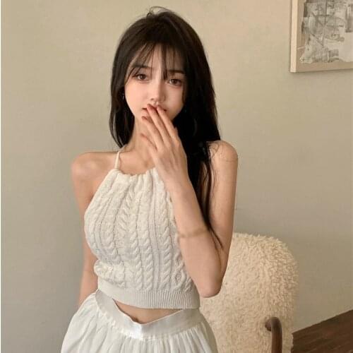 Women Short Sling Camis Summer V-Neck Knitted Sleeveless Slim Vests Solid Female Elastic Tank Top