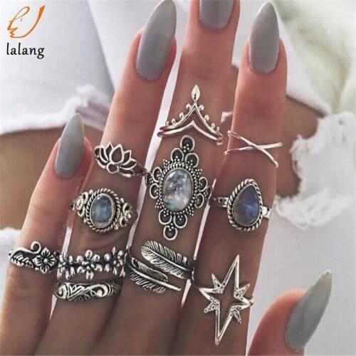 Bohemian Ring Sets For Women Antique Silver Color Midi Ring Sets Vintage Crystal Knuckles Fashion Finger Jewelry Bague Femme