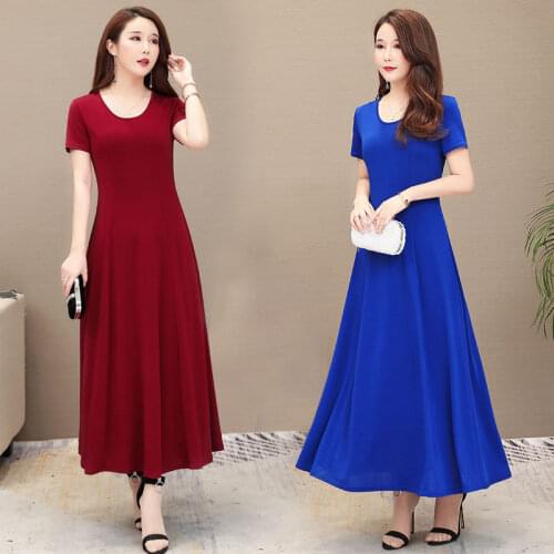 Summer Short Sleeve O-neck Ankle-length A-line Regular Plus Size Simple Black Wine Red Green Blue Cocktail Women Dresses 9636