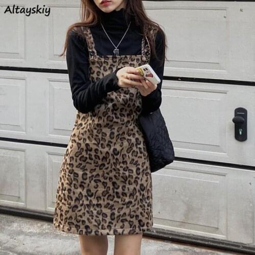 Sleeveless Dress Women Leopard Mini A-line Sexy Street Fashion Female Popular Streetwear Empire Button Autumn Korean Style Ins